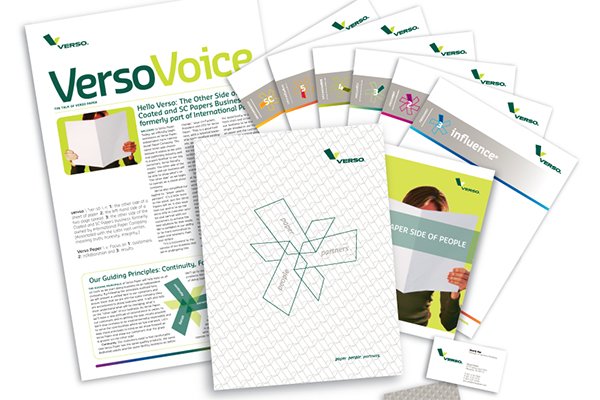 Day One Verso was equipped with business cards, letterhead, product sell sheets, presentation folder, an employee newsletter, and customer launch brochure.