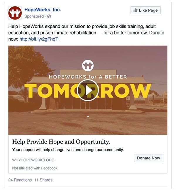 This paid social video ad featured HopeWorks Executive Director Ron Wade describing HopeWorks bold step into the future and the need for help to bring lasting change to our community.