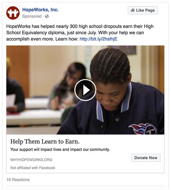 This paid social video ad featured HopeWorks Adult Education Director Jacob Shock highlighting the HiSET program's outstanding results and the impact it's having on the community.