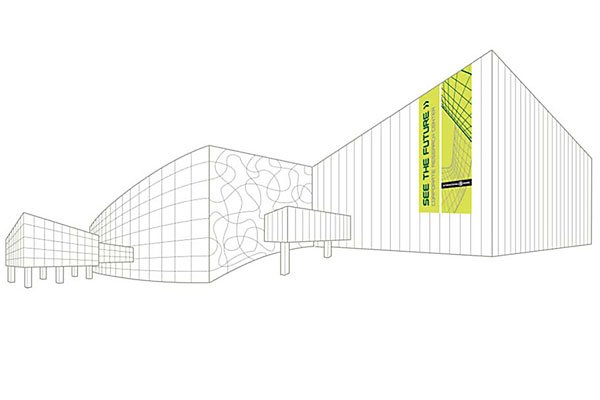 A bright green building wrap marked the location for the grand opening event.
