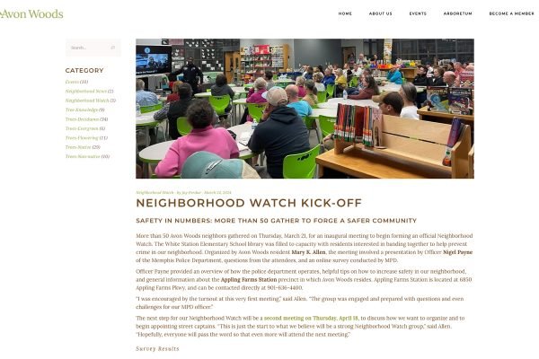 The website serves as a hub for the Avon Woods Neighborhood Watch, publicizing upcoming events and providing summary meeting notes afterward.