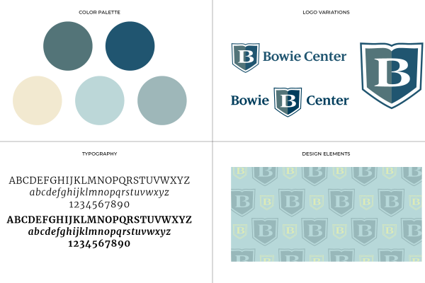 Building blocks for the website look-and-feel — and the Bowie brand itself — included fonts selection, color palette, logo variations and brand design extensions.