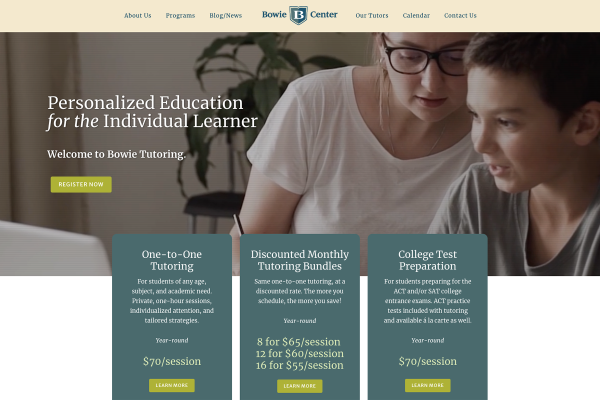 Designed to immediately convey what The Bowie Center does and is about, the homepage features succinct intro copy, easy navigation, prominent call-to-action, and a looping background video showcasing the diversity of Bowie students in both online and in-person settings.