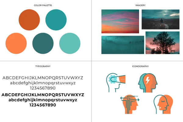 Building blocks for EJC's new brand identity include color palette, typography, photography and imagery, as well as spot illustrations symbolizing their services.