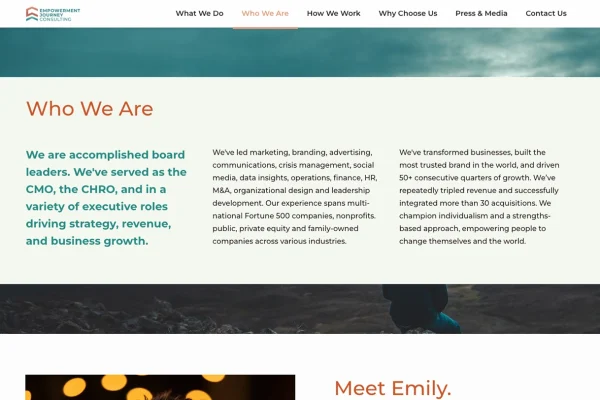 A single, scrolling page, the website succinctly introduces Empowerment Journey Consulting, the founding partners, and the services they offer.