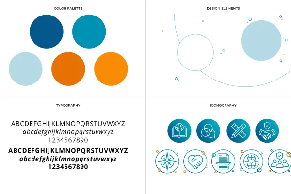 Building blocks of a brand identity system, including a distinctive and functional color palette, typography and iconography, incorporating circular design elements that tie into the Mission360 logo symbol and reinforce their full-circle consulting services.