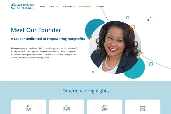 The hero of each interior webpage features the circular design motif and photo or illustration framed in a circle.