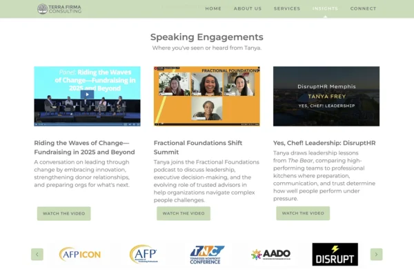 Highlights Tanya Frey's presentations, podcast appearances, and practical resources, strengthening the firm's authority and providing ongoing value to perspective clients.