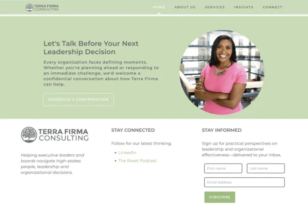A persistent call-to-action banner and website footer provide clear pathways for continued engagement through newsletter subscription, social media, and streamlined access to contact information.